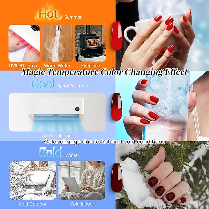 YTD Likomey Color Changing Gel Nail Polish 2 Pcs Set,15ml Red to Burgundy Red Pure Color and Brocade Glitter Kit,Thermal Ombre Change Colors Salon Manicure Fall Winter UV Nail Varnish,WB2-2