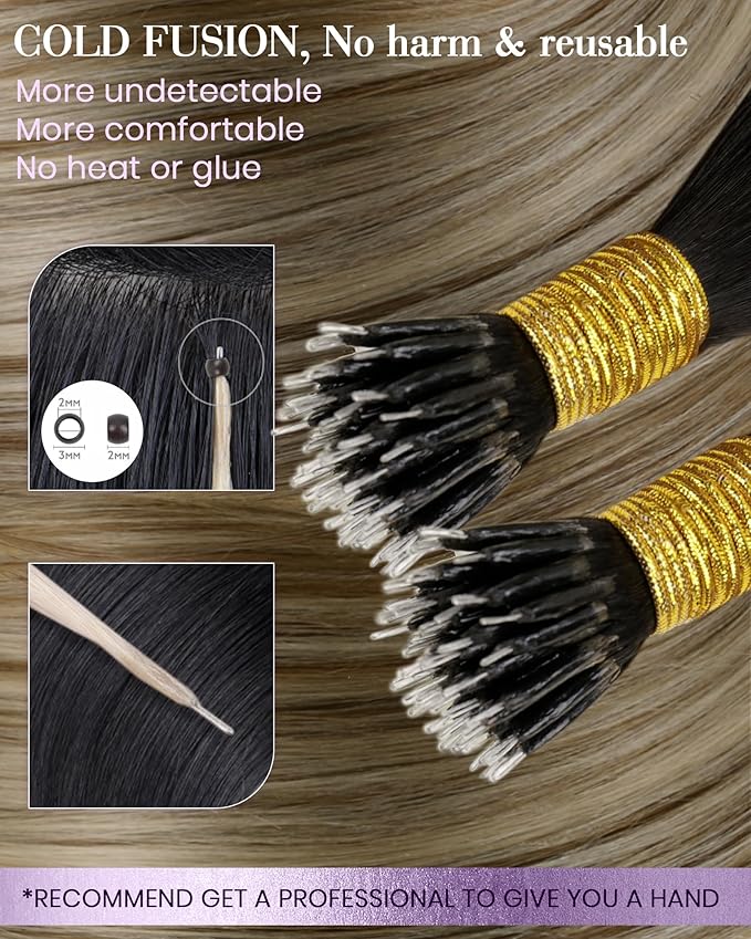 LaaVoo Nano Bead Hair Extensions Human Hair Brown Nano Tip Hair Extension Real Human Hair Balayage Dark Brown to Light Brown and Blonde 22IN 50s/50g
