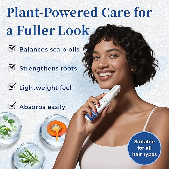 Hair Growth Serum Roll On 25ml with Saw Palmetto, Rosemary & Pea Extract，Helps Support Thicker, Fuller Hair Appearance，Clean, Non-Greasy Hair Loss Support for Men & Women Pack of 3