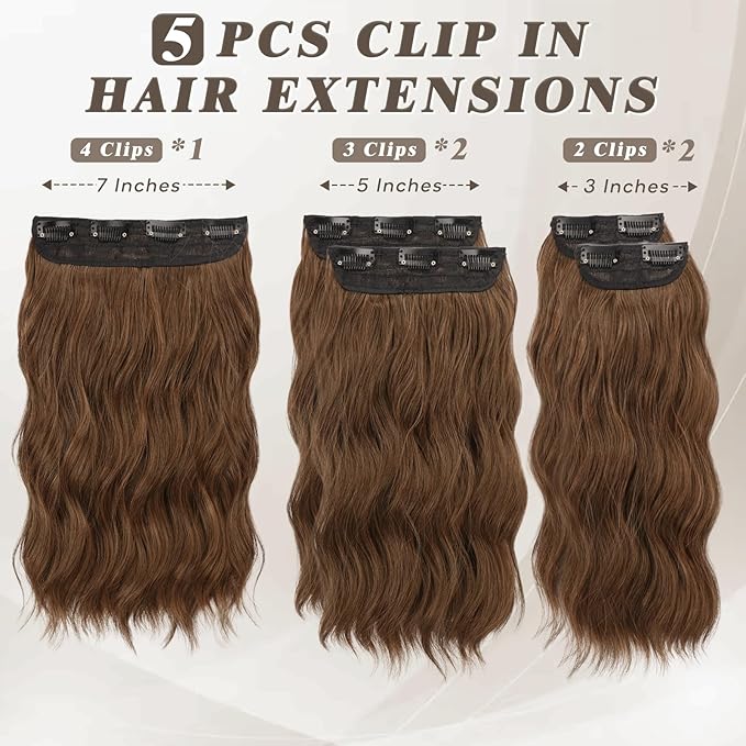 BARSDAR Wavy Brunette Clip in Hair Extensions - 14 Inch Short Wavy Clip in Hair Extensions for Women - 5PCs Thick Soft Synthetic Voluminous Easy Wear Brunette Brown Hairpieces Daily Party