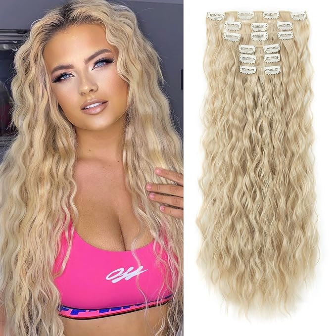 LONAI Clip In Hair Extensions, 6PCS Curly 24" Long Synthetic Clip On Hairpiece For Women Natural Ash Blonde