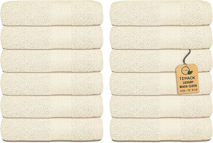 Premium Wash Cloths Pack of 12 (13" x 13") 100% Ring Spun Cotton | Luxury Washcloths | Ultra Soft Face Towels | Highly Absorbent Wash Cloths for face (Cream)