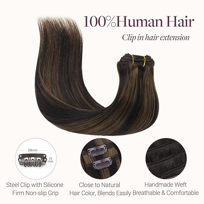 GOO GOO Clip in Hair Extensions Real Human Hair, Remy Human Hair Extensions Clip ins for Women, Natural Human Hair, 22inch 170g 7 Pcs, #2/6 Dark Brown Highlighted Chestnut Brown
