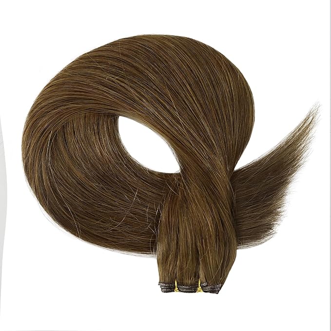 Fshine Human Hair Genius Weft Hair Extensions for Women 22 Inch 60g Light Brown Hair Extensions Sew in Brown Hair Bundle One PieceBundle Natural Weave