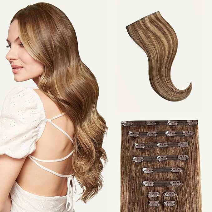 Luxy 100% Remy Human Hair, Classic 160g Clip-In Hair Extensions - 10 Wefts Multi-Dimensional Color for Natural Blending, Adds Volume & Length, Easy Apply & Remove 16" Chestnut Brown Highlights