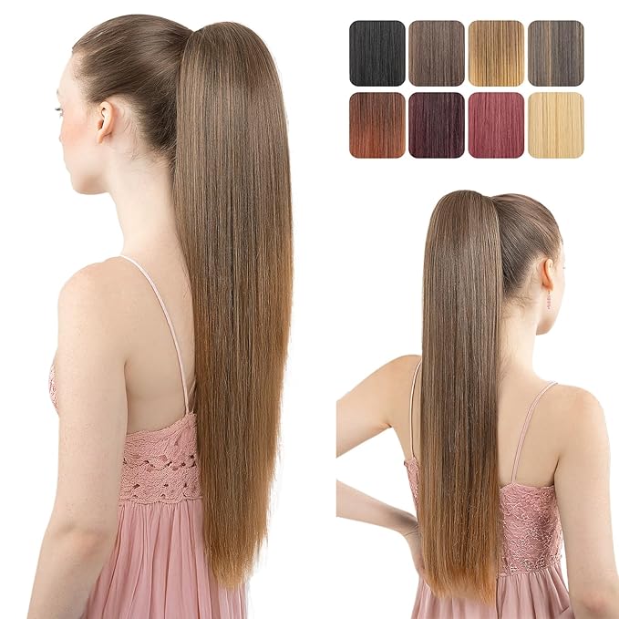 Ponytail Extension, 24" Long Straight Claw Clip Ponytail Extension clip on ponytails hair clip Hair claw clip Fake Ponytail Hairpieces for Women – Dark Brown with Auburn End
