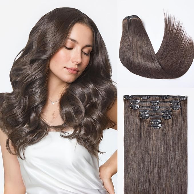 LUVME Handmade Weft Clip in Hair Extensions Human Hair 20 Inch 150g 9pcs Rich Mocha Brown Straight Seamless Blend, Secure Silicone Clips, Natural Look