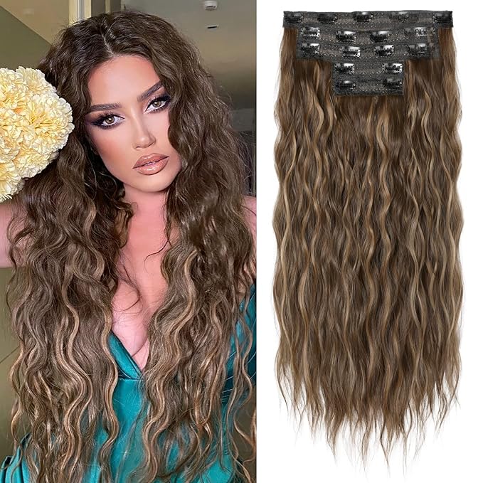 Clip in Hair Extensions, REECHO 5PCS Hair Extensions 24" Thick Long Loose Waves hair extensions HE002 Invisible Lace Weft Natural Soft Hairpieces for Women – Chocolate Brown with Blonde Highlights