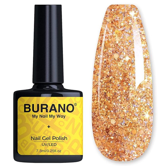 BURANO Glitter Gel Nail Polish, LED UV Nail Gel Shimmer Holographic Effect Soak off Gel Curing Required, No Chip Gel Polish Sparkle Gel Home DIY Nail Salon (Gold LP3)