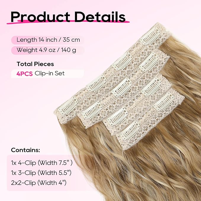 REECHO Clip in Hair Extensions, 4PCS Hair Extensions 14" Short Wavy Invisible Lace Weft Natural Soft Hairpieces for Women – Golden Blonde with Highlights