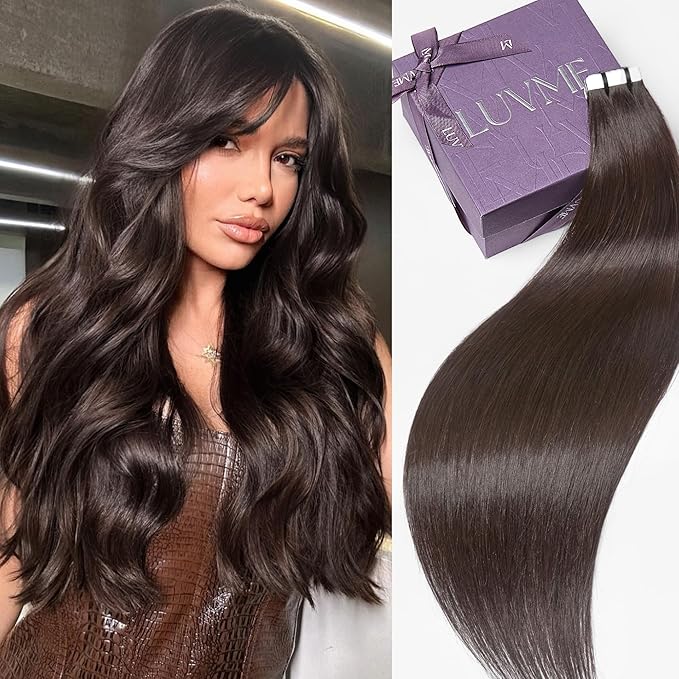 LUVME Invisible Tape in Hair Extensions Human Hair 14 Inch 50g 25pcs Rich Mocha Brown Straight Double Sided Seamless Tape Extensions