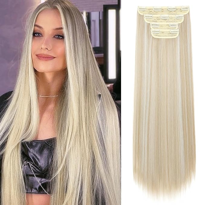 REECHO Hair Extensions, 24" Straight Long Thick 4 PCS Set Thick Clip in on Hair Extensions -Ash Blonde with Highlights