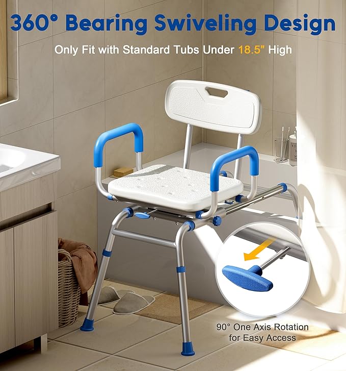 Sliding Shower Chair with Extra-Wide 360° Swivel Seat, 330lbs Tub Transfer Bench, Non-Slip & Padded Arms, Adjustable Height for Elderly & Disabled Inside Shower, Rectangular