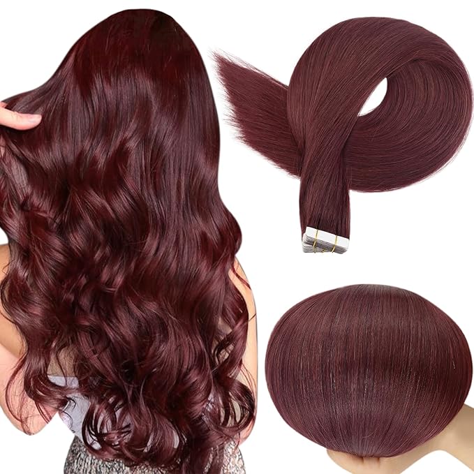 Full Shine Tape in Hair Extensions Red Wine 99J Tape ins Extensions Burgundy Hair Extensions Real Human Hair Tape in Straight Human Hair Extension Seamless Skin Weft Hair Extension 30Gram 10Inch 20Pcs