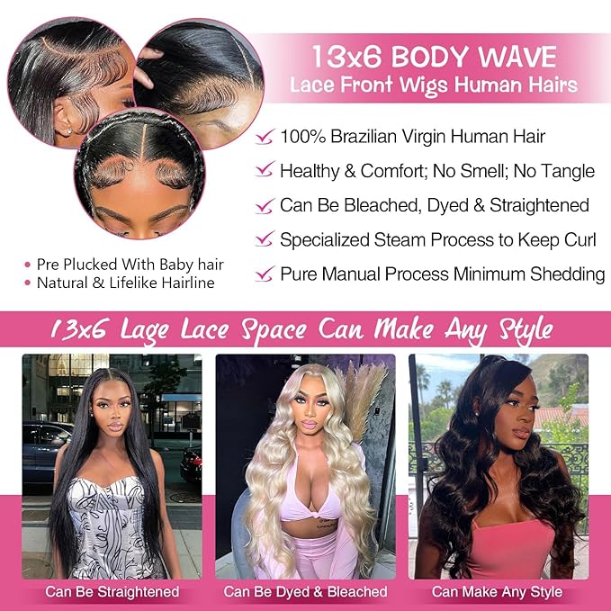 200 Density 13x6 HD Lace Front Wigs Human Hair 12A Body Wave Lace Front Wigs Human Hair Pre Plucked Wet And Wavy Black Wig Body Wave Frontal Wig 13X6 For Black Women With Natural Hairline 26 Inch #1B