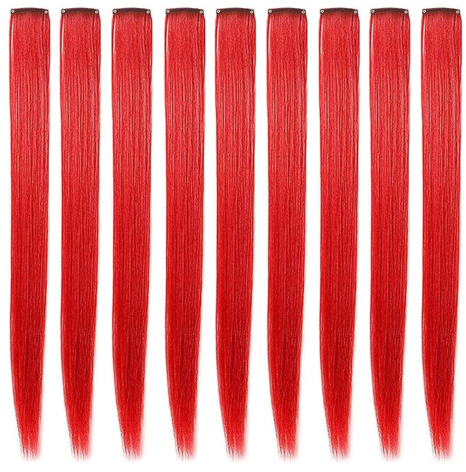 Rhyme 9PCS 21" Colored Clip in Hair Extensions Red Wig Hairpieces for Kids Girls Hair Clips Birthday and Holiday Party Highlights Dress Up hair Accessories (Red)