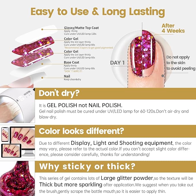 YTD Likomey Glitter Gel Nail Polish,15ml Sparkling Dragon Fruit Pink Fuchsia Chunky Glitter Fall Winter Salon Home DIY Soak Off Manicure UV Color Varnish,SF357