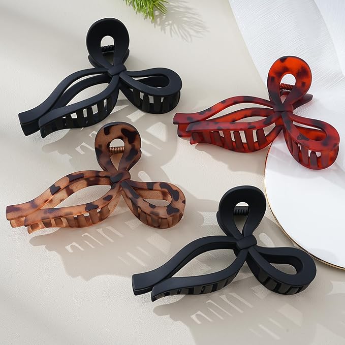 4 PCS Bow Hair Clips Bow Claw Clip for Women Nonslip Large Hair Claw Clips for Thin and Thick Hair Strong Hold Hair Bows (Black+Leopard Print (Light Brown+Dark Brown))