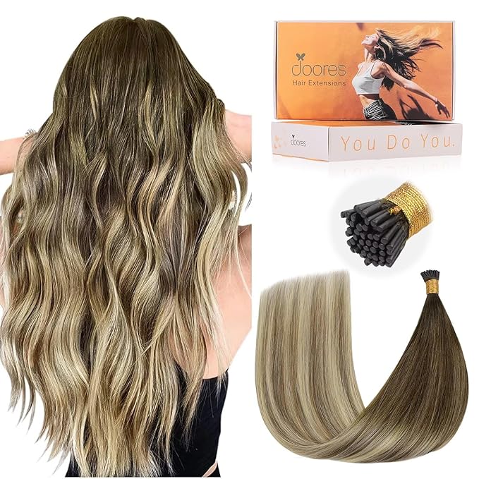 DOORES I Tip Hair Extensions Human Hair, Balayage Walnut Brown to Ash Brown and Bleach Blonde 16 Inch 50g/100s, Human Hair Extensions I Tip Hair Extensions for Women