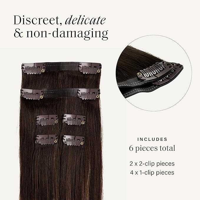 Luxy 100% Remy Human Hair Extensions for Thin Hair Thinning Hair Fill-Ins – 6 Seamless Wefts Multi-Dimensional Color Blend - Natural-Looking Volume & Coverage 50 grams 12" Dark Brown Balayage