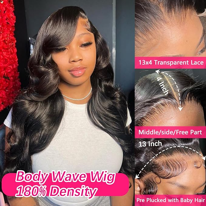 Human Hair Wig Body Wavy 13x4 HD Transparent Lace Front Wig 28Inch Frontal Wigs Human Hair Glueless Pre Plucked 180% Density Virgin Hair Wigs For Women Natural Black (1B)