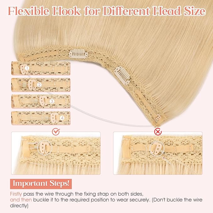 Hairro Wire Hair Extensions Human Hair, Fish Line Invisible Adjustable & Clips in Extensions Straight, 100% Real Hairpieces Seamless Blending for Women, 22 Inch 100g Platinum Blonde