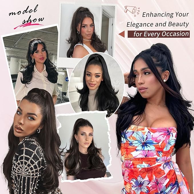 Ponytail Extension, Black Drawstring Ponytail Extension for Women Long Wavy Pony Tails Hair Extensions Synthetic Wavy Clip in Ponytail Hairpiece for Women, 20 Inch