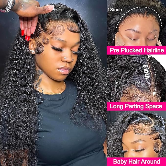 13x6 HD Lace Front Wigs Human Hair Water Wave Frontal Wigs Human Hair 200% Density Curly Human Hair Wig for Black Women Natural Color 20 Inch