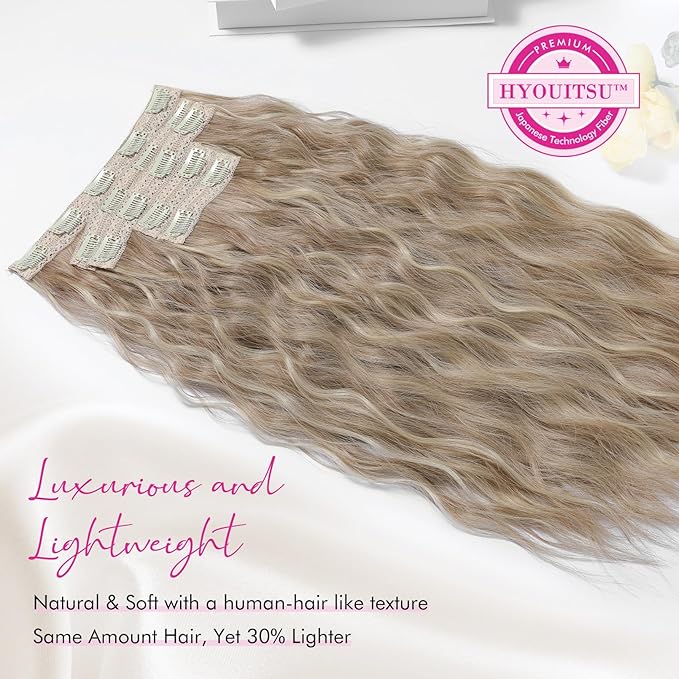 REECHO Clip in Hair Extensions, 5PCS Blonde Hair Extensions 24" Thick Long Loose Waves hair extensions HE002 Invisible Lace Weft Natural Soft Hairpieces for Women – Dark Ash Blonde