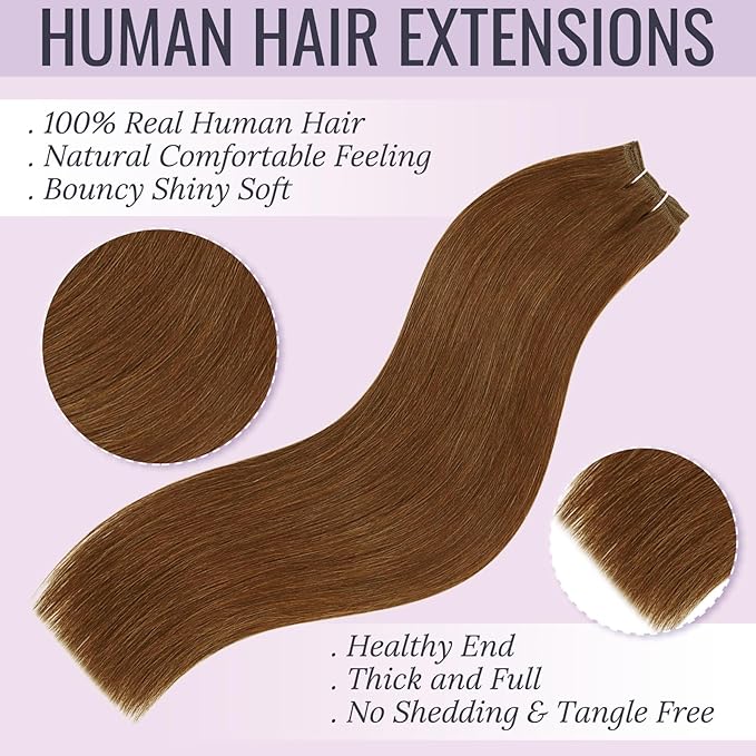 Fshine Weft Human Hair Extensions Color Copper Red Hair Extensions Remy Hair Invisible Sew in For Women Human Hair Straight Wefts 100G 20 Inch