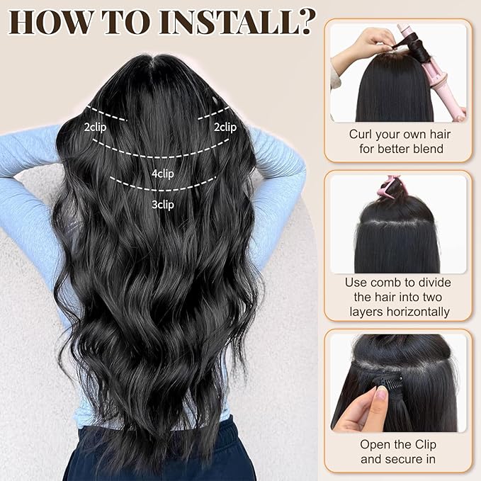 ALXNAN Clip in Long Wavy Synthetic Hair Extension 24 Inch Black Brown 4PCS Thick Hairpieces Fiber Double Weft Hair for Women