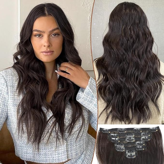 KooKaStyle Clip in Hair Extensions for Women,7PCS 16 Inch Dark Brown Hair Extensions Clip Ins Soft and Natural Hair Pieces for Women Thick Long Wavy Hair