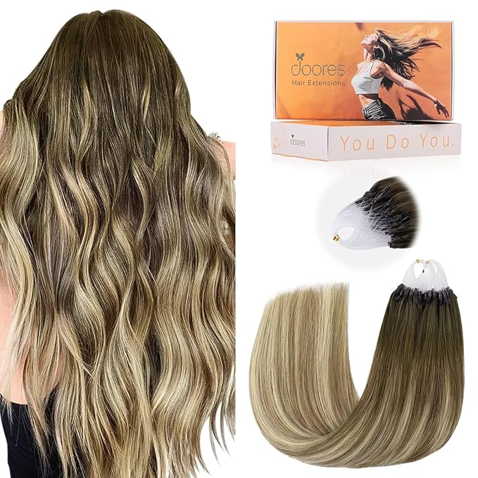 DOORES MicroBead Hair Extensions, Balayage Walnut Brown to Ash Brown and Bleach Blonde 20 Inch 50g/50s, Invisible MicroBeads Hair Extensions