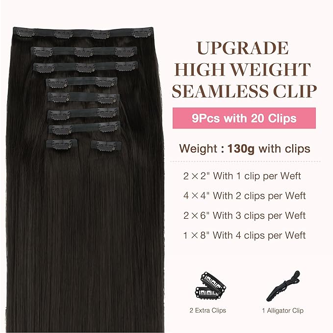 GOO GOO Clip in Hair Extensions Real Human Hair, Remy Human Hair Extensions Clip ins for Women, Natural Human Hair, 14inch 150g 9Pcs, #2 Dark Brown