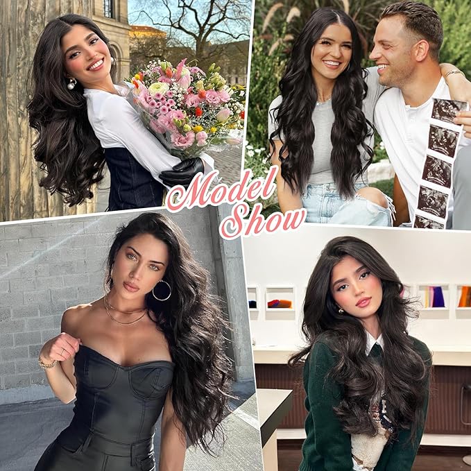 ALXNAN Clip in Long Wavy Synthetic Hair Extension 24 Inch Natural Black 4PCS Thick Hairpieces Fiber Double Weft Hair for Women