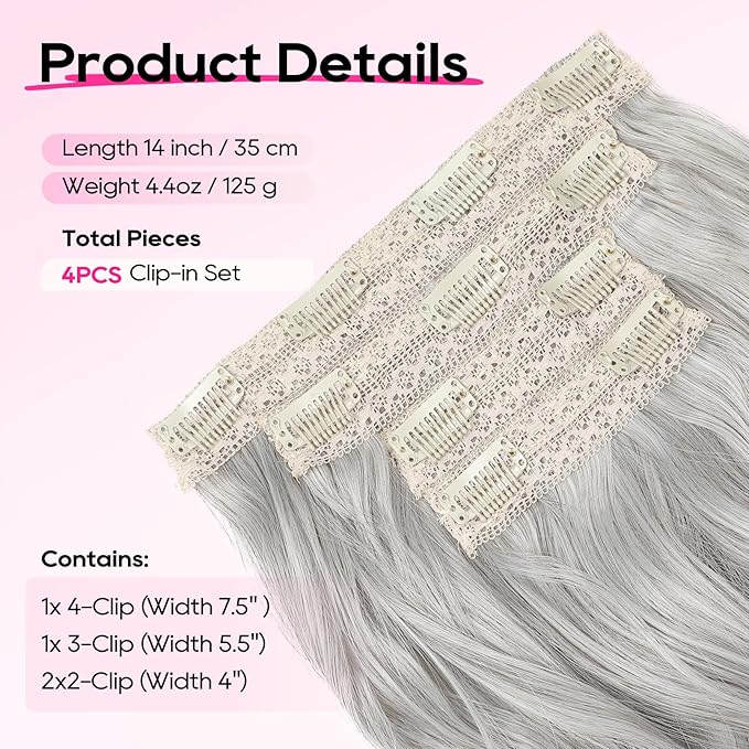 REECHO Clip in Hair Extensions - 14" Short Beach Wavy Hairpieces - Invisible Lace Weft - Natural Soft - Silver Grey