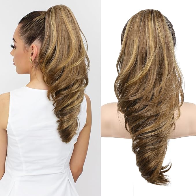 SEIKEA Ponytail Extension, 18" Wavy Claw Clip in Hair Extensions for Women, Lightweight Fluffy Synthetic Ponytail Hairpiece, Natural Soft & Easy to Wear, for Short & Medium Hair Brown/Golden Highlight