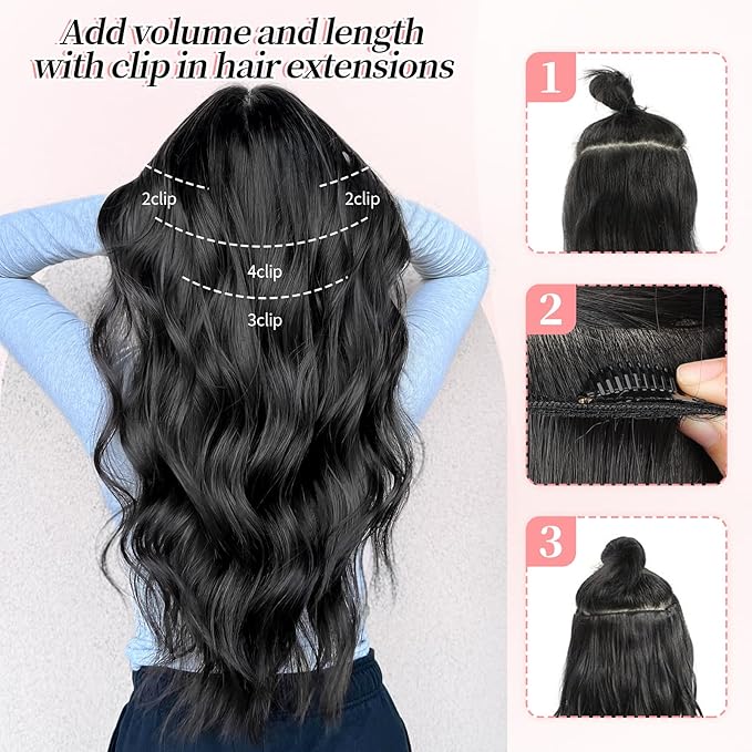 KooKaStyle Clip in Long Wavy Synthetic Hair Extension 20 Inch Pearl Blonde 4PCS Thick Hairpieces Fiber Double Weft Hair for Women