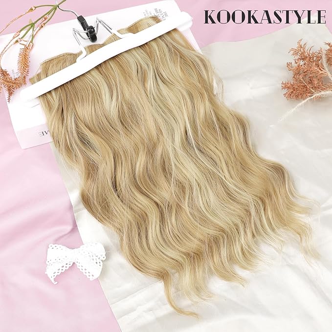 KooKaStyle Short Hair Extensions 6PCS 14 Inch Wavy Curly Hairpieces Synthetic Soft Lace Weft Clip in Hair Extensions-Light Brown mix Highlight Blonde for Women