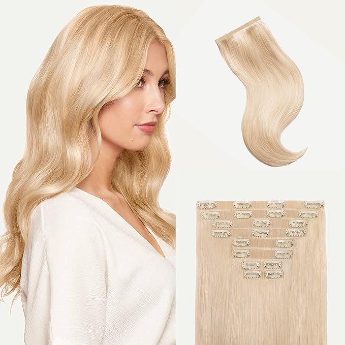 Luxy 100% Remy Human Hair - Seamless Clip-In Hair Extensions - Multi-Dimensional Color for Natural Blending, Adds Volume & Length 160 grams 16" Platinum Blonde Seamless