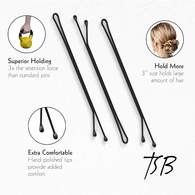 TSB Leeno No.3 Black Bob Pins Set of 30 – 3.0 Inch Bob Pins Designed by Styling Experts for Firm Hold – 3X Retention, Slideproof, Extra Durable, Premium Quality – Revolutionize Your Hair Style