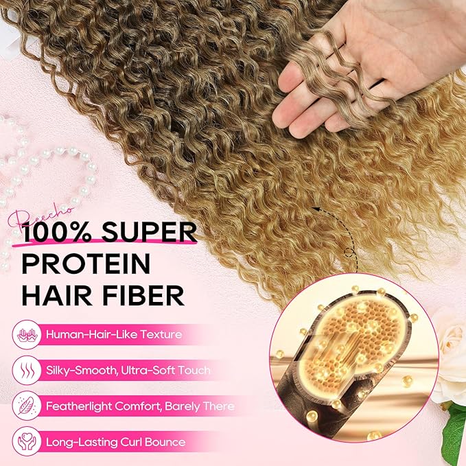REECHO Hair Extensions - 4PCS 20" Water Wave Clip in Hair Extensions 100% Super Protein Silky Soft Natural Look with Invisible Lace Weft Hairpieces for Women - Mocha Foil with Lighter Ends