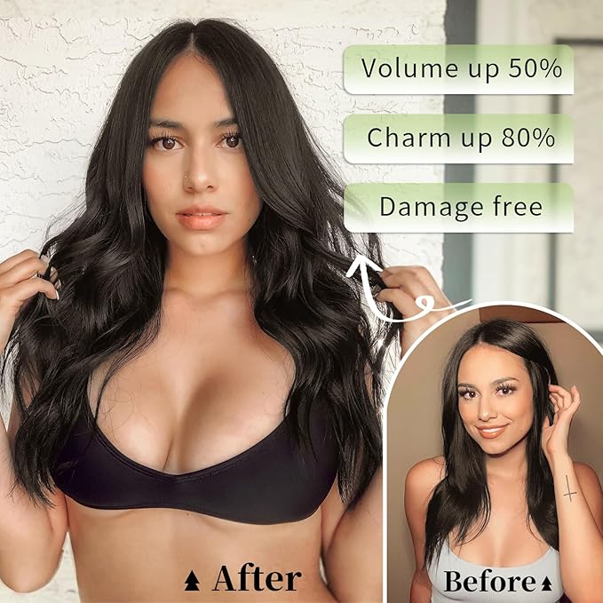 KooKaStyle Invisible Wire Hair Extensions with Transparent Headband Adjustable Size 4 Secure Clips Synthetic Hair Long Wavy Secret Wire Hairpiece for Women(Natural Black 16 Inch)