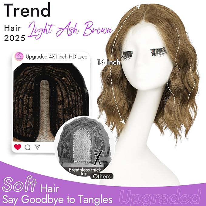 Light Ash Brown Short Wavy Wig for Women Lace Hairline Bob Style Synthetic Heat Resistant - Natural Appearance for Everyday Hairstyle 14 Inch