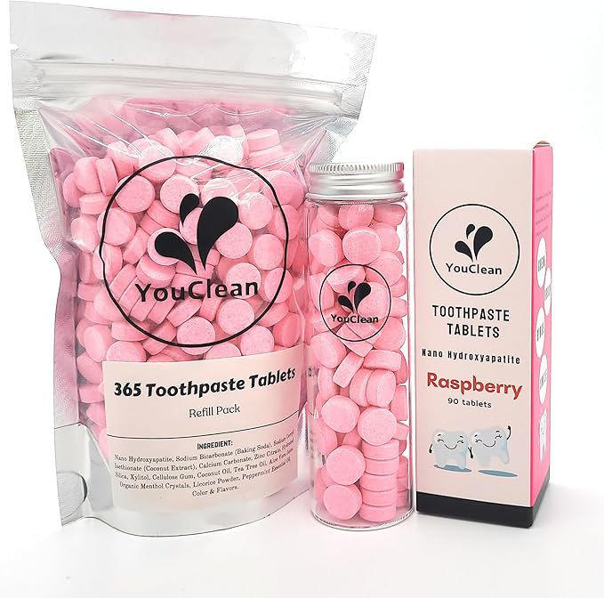 90 Toothpaste Tablets in Refill/Recycle Glass Tube - for Travel and Daily Home Office Use - Nano Hydroxyapatite, Fluoride-Free, Vegan (Raspberry90)