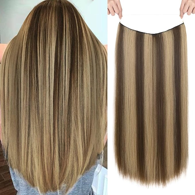 REECHO Invisible Wire Hair Extensions with Transparent Headband Adjustable Size Removable Secure Clips in Straight Secret Hairpiece for Women (Chocolate Brown with Golden Blonde Highlights)