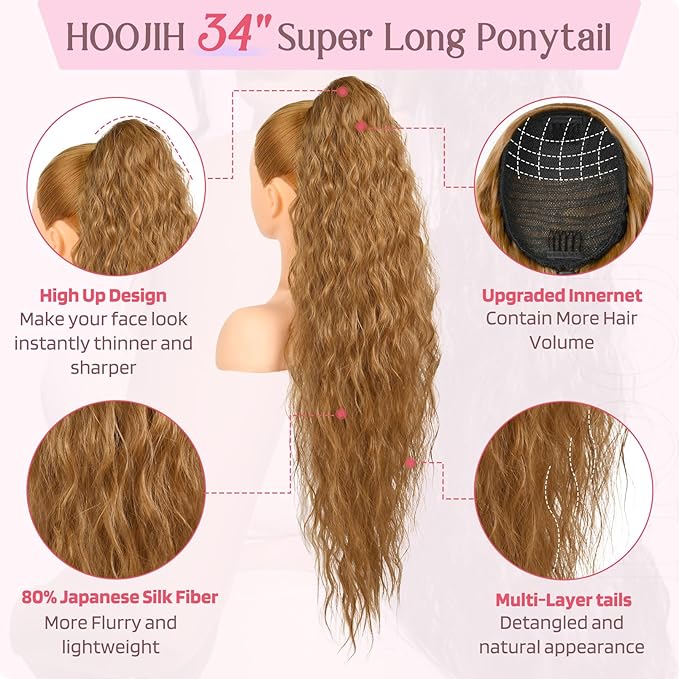 HOOJIH Ponytail Extension, 34 Inch Extra Long Drawstring Ponytail Strawberry Blonde Pony Tails Hair Extension Flurry Wavy Ponytails Soft Upgraded Synthetic Fiber Fake Ponytail Hairpiece for Women