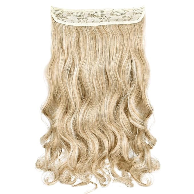 REECHO 20" 1-Pack 3/4 Full Head Curly Wave Clips in on Synthetic Hair Extensions HE008 Hairpieces for Women 5 Clips 4.5 Oz per Piece - Medium Blonde with Pale Highlights