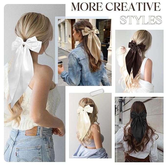 Brown Big Hair Bow for Women - 5Pcs Large Hair Clips for Girls Silky Satin Bows Set, Oversized Long Tail Cute Hair Ribbons Barrettes Aesthetic Hair Accessories Hairbows Gifts