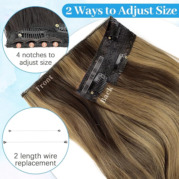 KooKaStyle Invisible Wire Hair Extensions Long Straight Layered Synthetic with Transparent Wire Adjustable Size 6 Secure Clips Hairpieces for Women 16 Inch (Balayage Chocolate Brown to Caramel Blonde)